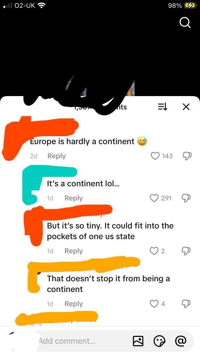 A screenshot of a social media conversation showing Americans discussing Europe as a continent, highlighting stupidity.