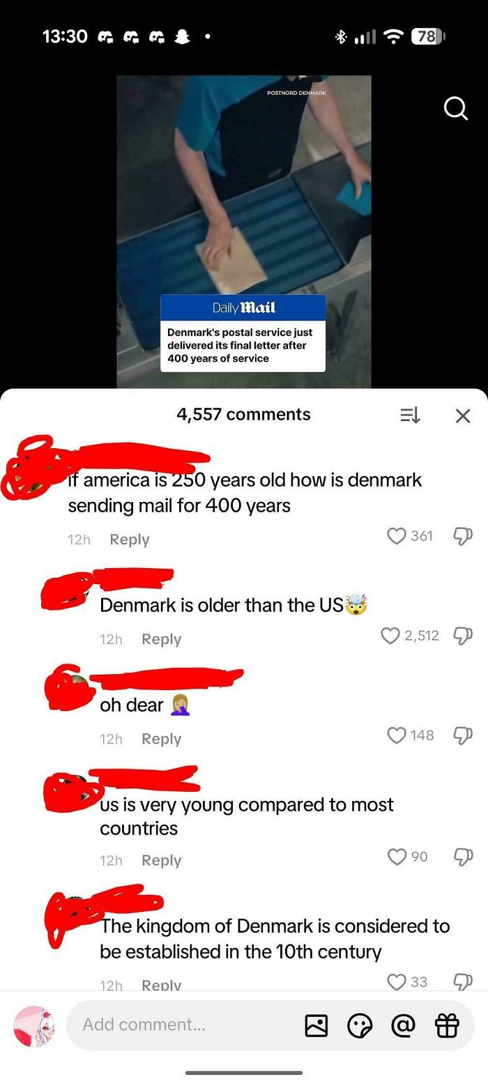 A screenshot showing social media comments where Americans are surprised about Denmark's age, indicating national stupidity.