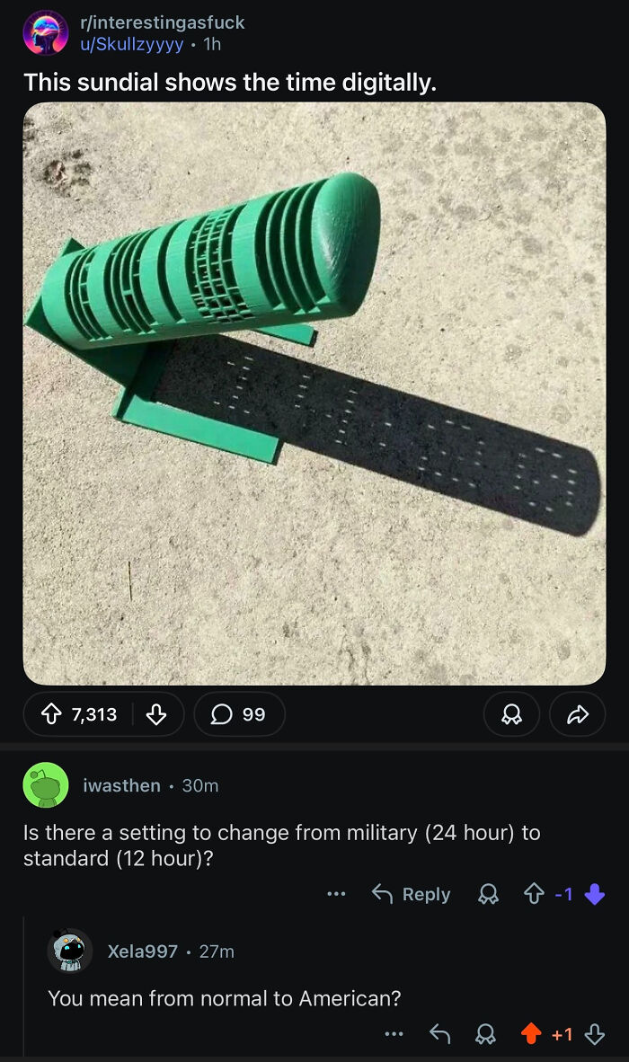 A screenshot of a digital sundial post with a user asking about 24-hour to 12-hour setting, met with a sarcastic 'normal to American?' reply, highlighting American stupidity.
