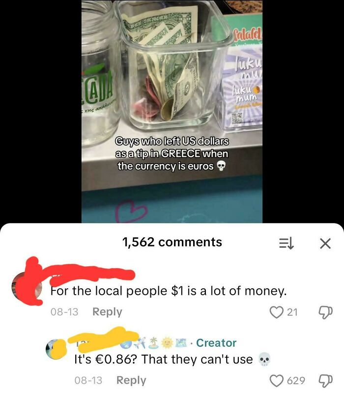 A screenshot of a post showing US dollars left as a tip in Greece with comments about the inability to use them, revealing American stupidity.