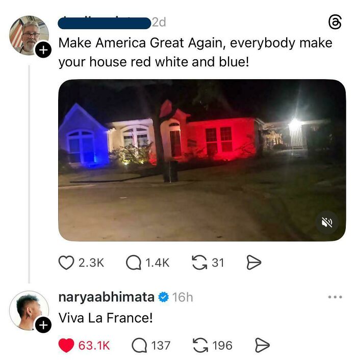 Houses illuminated in red, white, and blue, with a comment saying Viva La France, showing Americans as a stupid nation.