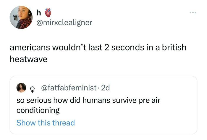 A tweet chain discussing Americans inability to handle a British heatwave, hinting at Americans being a stupid nation.