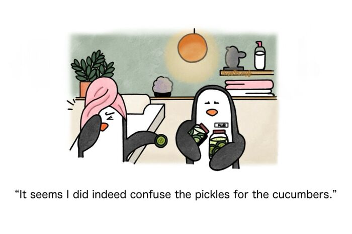 Hilariously relatable one-panel comic featuring two penguins, one with a towel on its head, holding jars of pickles instead of cucumbers.