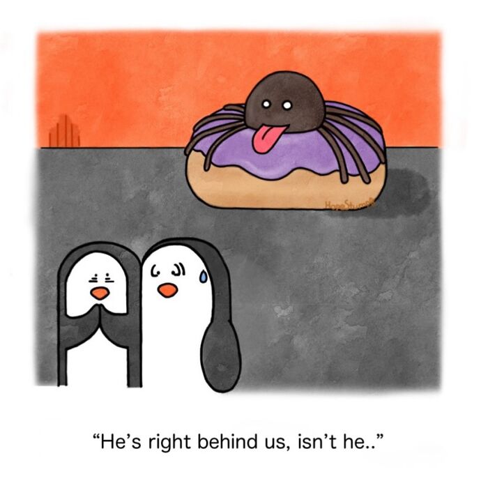 Hilariously relatable comics show two scared penguins looking at a spider-donut monster, bringing animals to life.