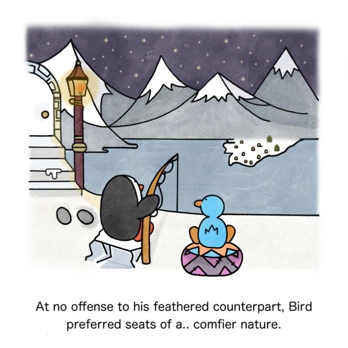Hilariously relatable comics show a penguin fishing next to a blue bird on a cushion, bringing animals to life.