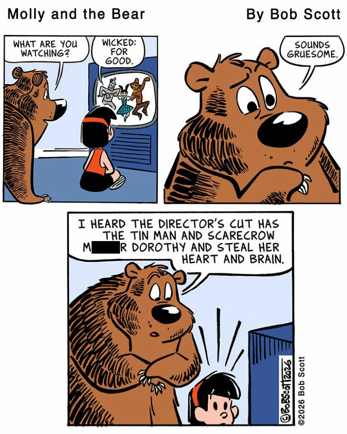 A lovable bear looks terrified while watching TV with a family member. A funny comic about a bear who is afraid.