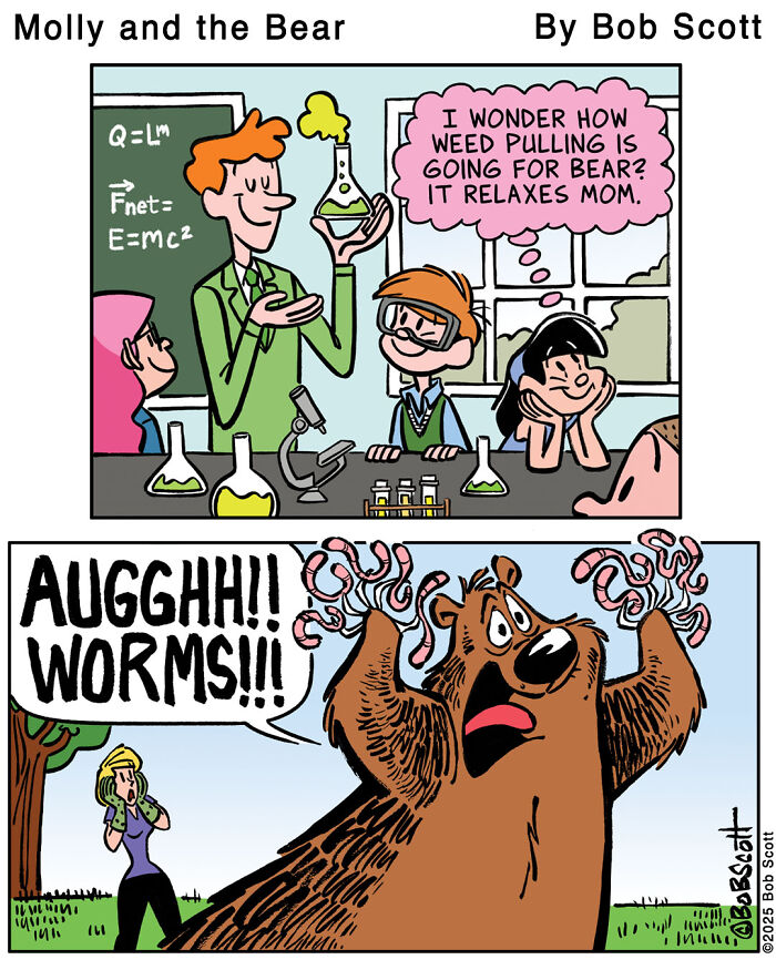 A comic of a family living with a lovable bear. The bear is terrified of worms while a boy thinks about the bear.