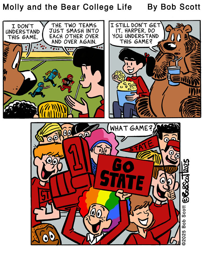 A lovable bear and a family watch a football game, with the bear looking confused. A fun comic about a family.