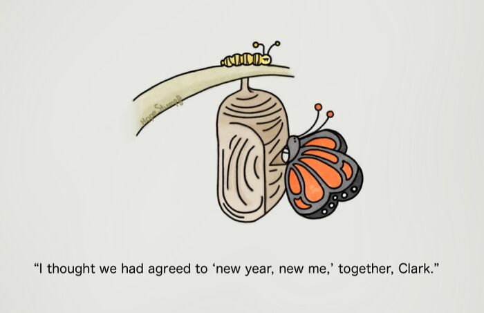 Hilariously relatable comic showing a butterfly exiting its cocoon, talking to a caterpillar on a branch about New Year's resolutions.