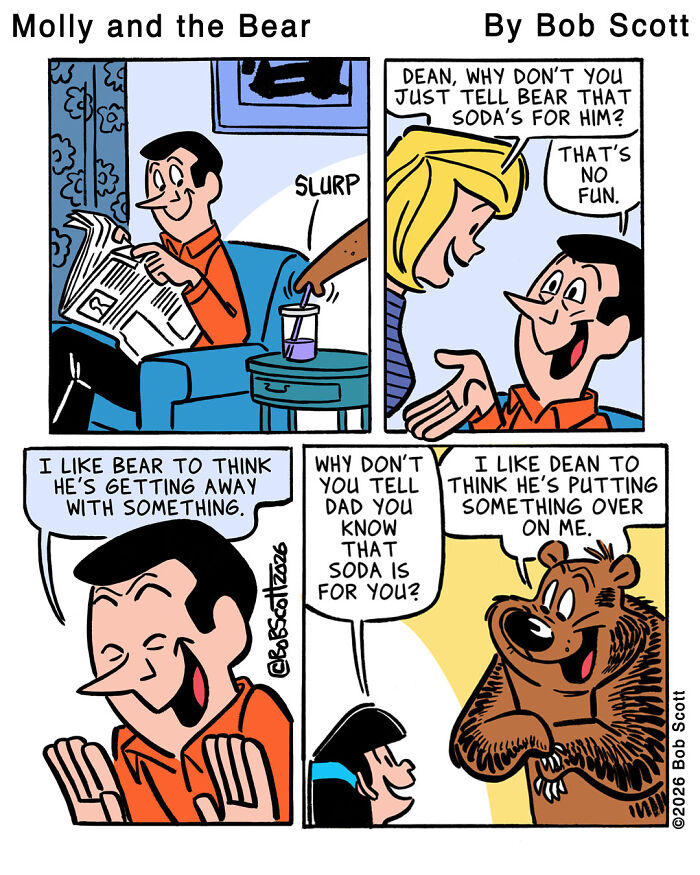 A comic of a family living with a lovable bear, who outsmarts them to drink soda.