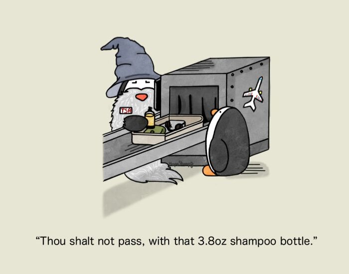 One-panel comic of a penguin trying to pass through airport security with an oversized shampoo bottle, depicting relatable animals.