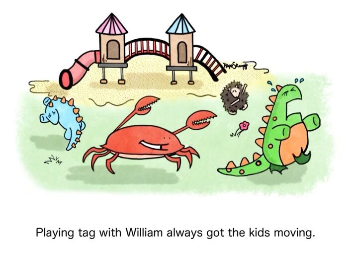 Humorous one-panel comic of a crab playing tag with two dinosaur-like animals at a playground, bringing animals to life.