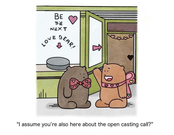 Funny one-panel comic featuring two bears with heart-themed accessories, bringing animals to life.