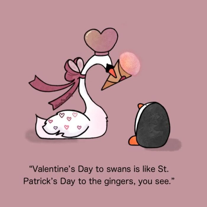Relatable one-panel comic showing a swan holding an ice cream cone for a penguin, bringing animals to life.