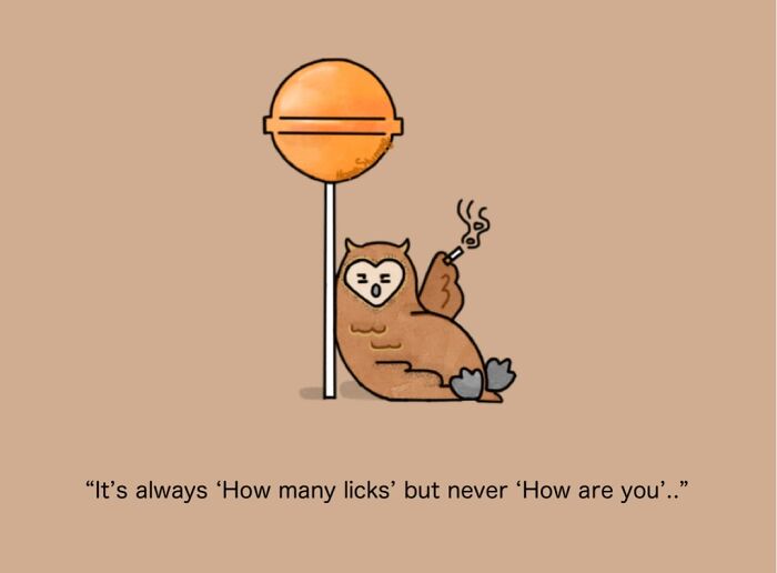 A comic drawing of a smoking owl leaning on a giant lollipop, bringing animals to life.
