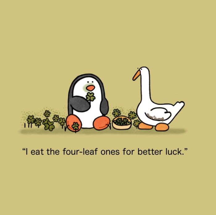 A comic showing a penguin and a goose surrounded by clovers, highlighting animals in relatable situations.