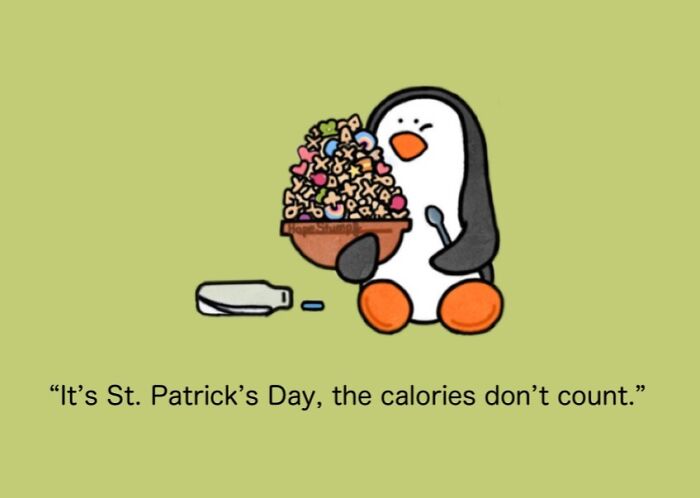 A comic of a penguin eating a large bowl of cereal, representing animals in relatable situations.