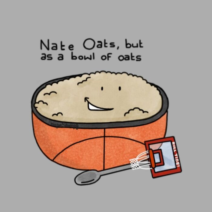 A comic of a bowl of oats, with a smiling face, sitting on a basketball base, bringing animals to life.