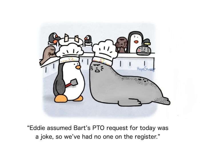 One-panel comic of animals in a kitchen, a penguin chef and a seal, discussing a PTO request.