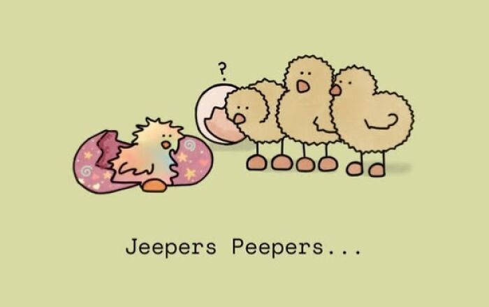 Hilariously relatable animal comic showing baby chicks in a line, looking at a newly hatched chick.