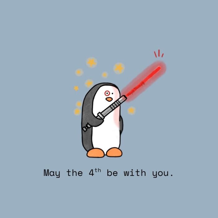Penguin using a lightsaber in a one-panel comic bringing animals to life.