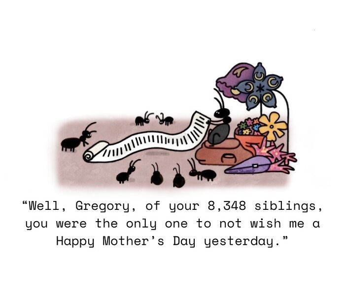 Ants with a long scroll in a one-panel comic, bringing animals to life.