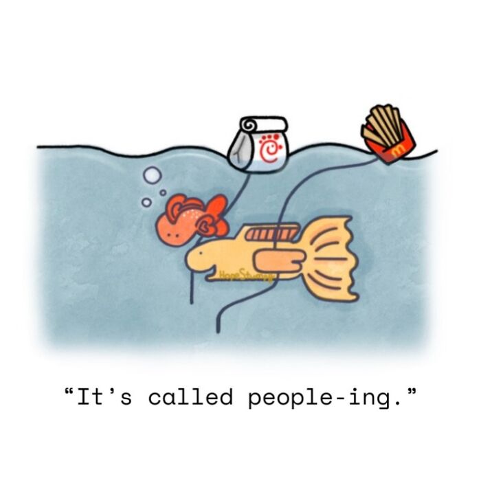 Relatable one-panel comic showing animals, fish using straws to eat fast food, depicting humorous situations.