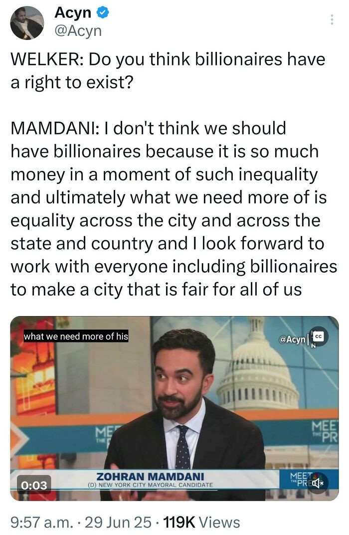 A social media post showing New York City Mayoral Candidate Zohran Mamdani discussing billionaires and inequality, reflecting Eat The Rich sentiments.