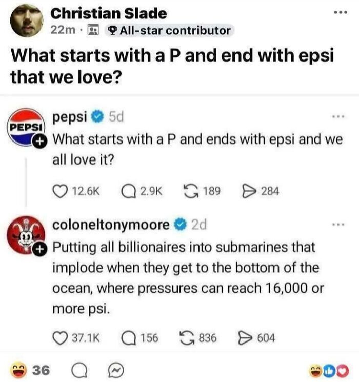 A social media exchange about Eat The Rich Moments, where someone suggests putting billionaires in imploding submarines.