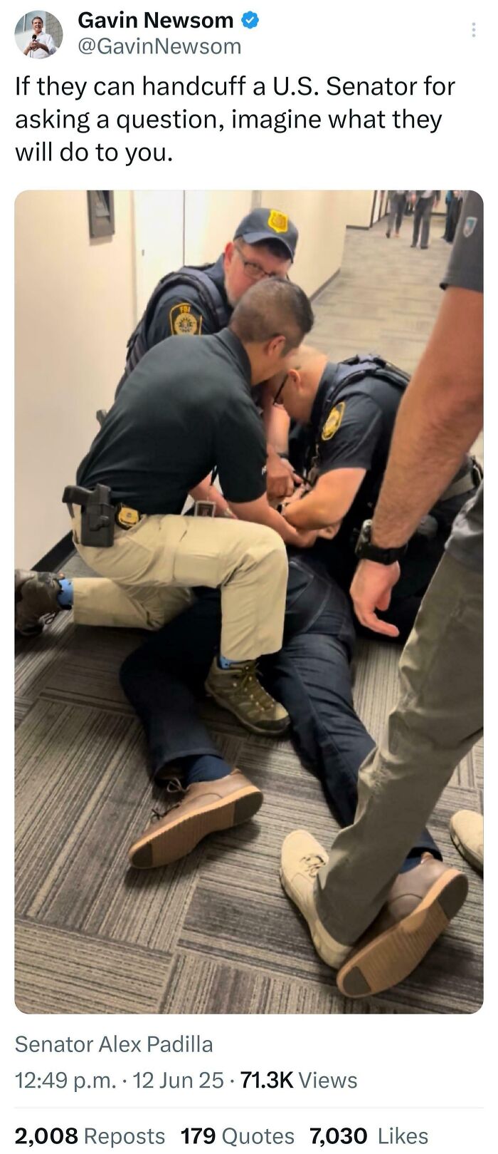 A social media post from Gavin Newsom showing police handcuffing Senator Alex Padilla, related to Eat The Rich Moments.