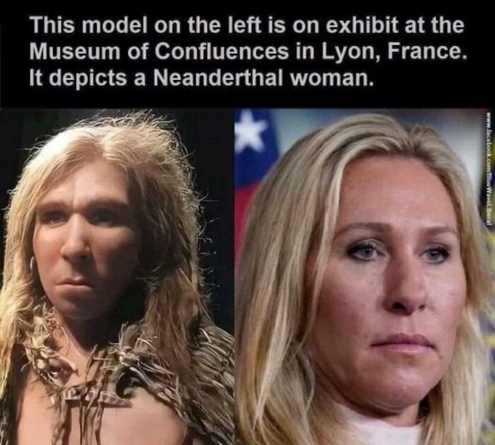 A side-by-side comparison of a Neanderthal woman model and Marjorie Taylor Greene, an 'Eat The Rich' moment.
