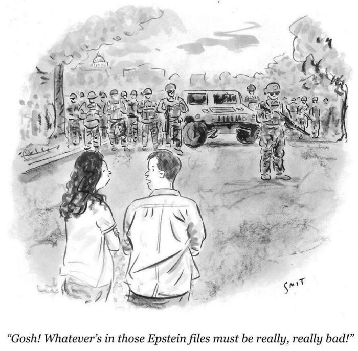 A cartoon depicting people observing soldiers and an armored vehicle, questioning Epstein files, an Eat The Rich moment.