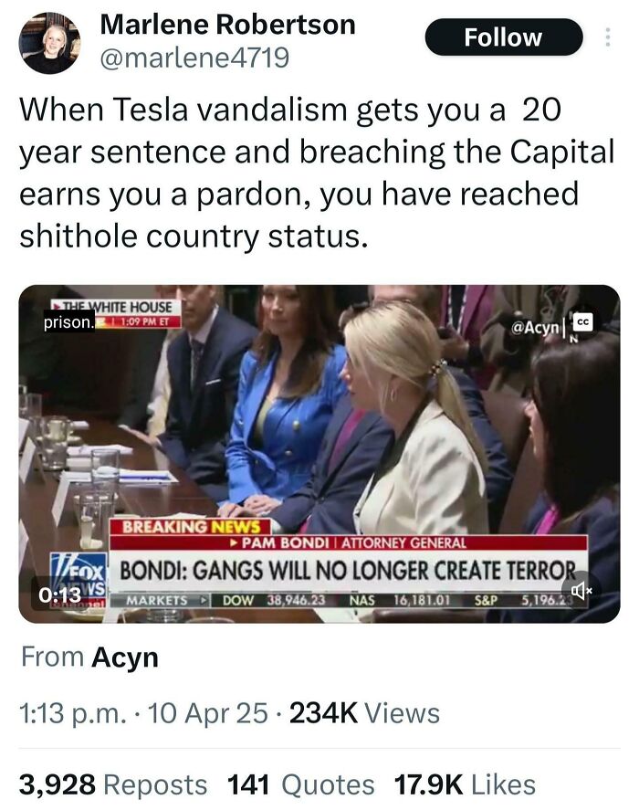 A tweet comparing sentences for Tesla vandalism and breaching the Capitol, an Eat The Rich moment of perceived injustice.
