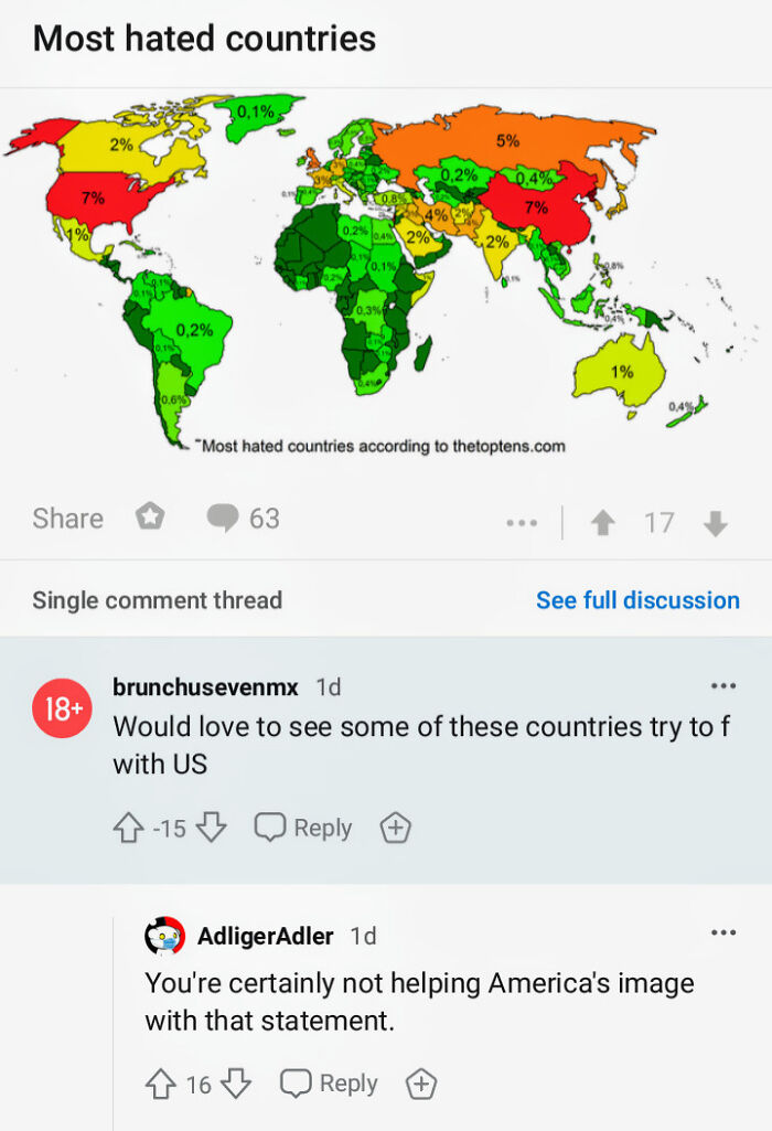A map showing the most hated countries, highlighting the perception of Americans being a stupid nation.