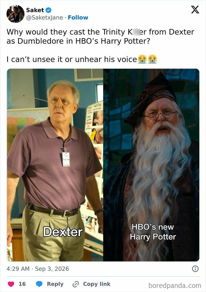 A meme comparing Dexter actor to Dumbledore in the Harry Potter series trailer, sparking discussion on the new Harry Potter series.