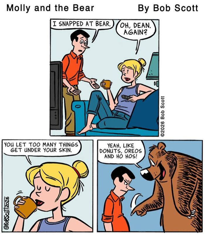 A comic showing a family living with a lovable bear, afraid of almost everything, discussing what gets under their skin.