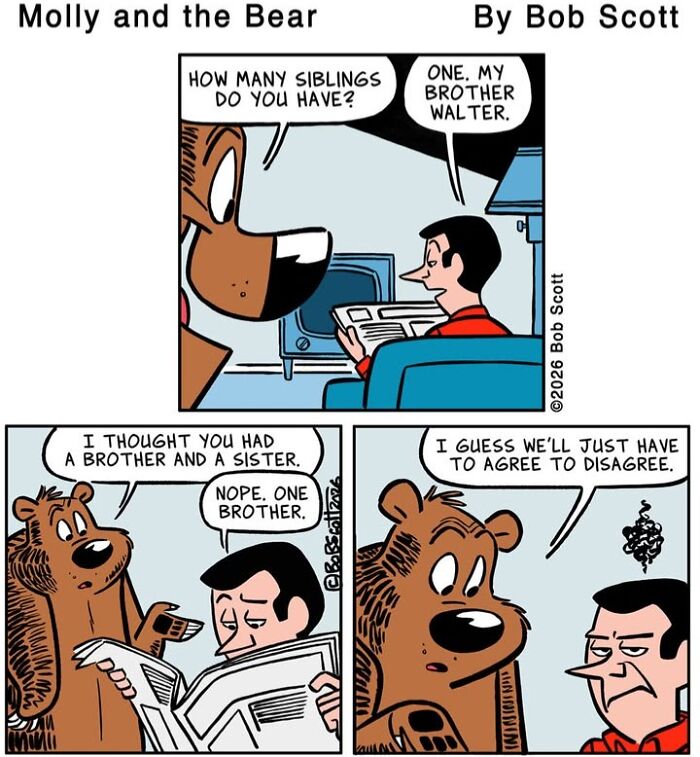 A comic showing a family living with a lovable bear, as the bear discusses having one brother.