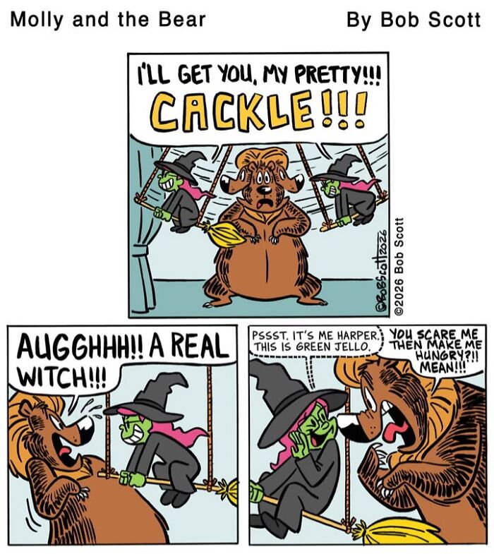 A comic showing a family living with a lovable bear who is afraid of witches, hiding behind a couch.