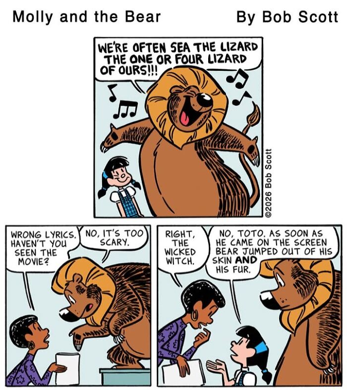 Cartoon of a lovable bear singing wrong lyrics and being afraid of the Wicked Witch and scary movies.