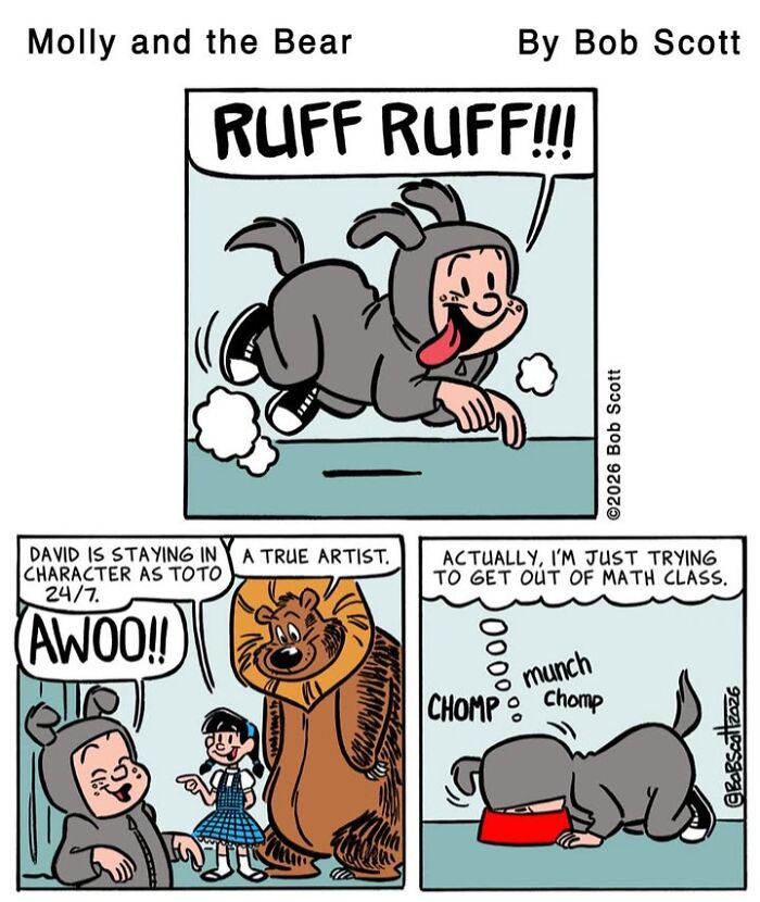 Cartoon of a family living with a lovable bear. The boy is dressed as Toto and is afraid of math class.