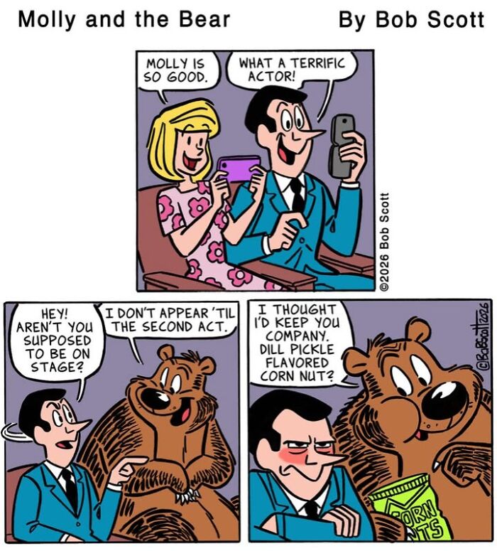 Cartoon of a lovable bear with a family watching a play. The bear is afraid of being on stage.