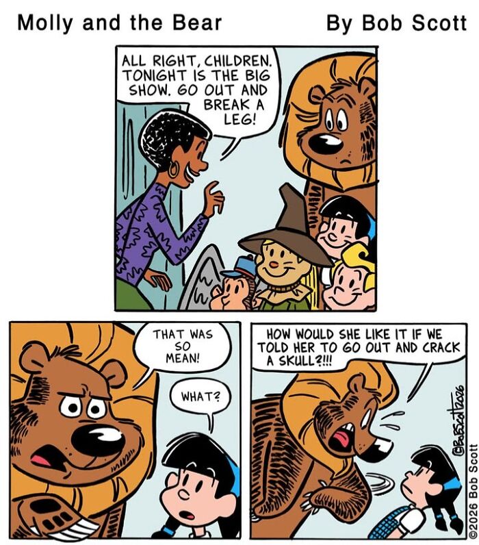 Cartoon of a family living with a lovable bear who is afraid of common phrases like break a leg.