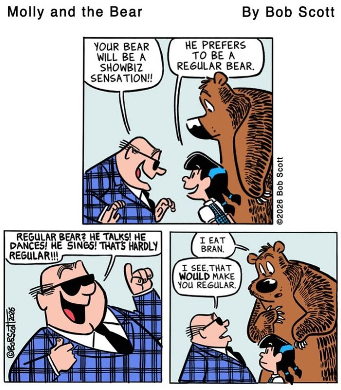 A comic of a family living with a lovable bear. A man tries to convince the bear to be a showbiz sensation.