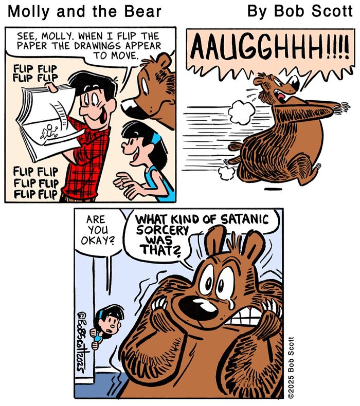 A lovable bear is terrified by a flipbook, screaming and running away. A funny comic about a bear who is afraid.