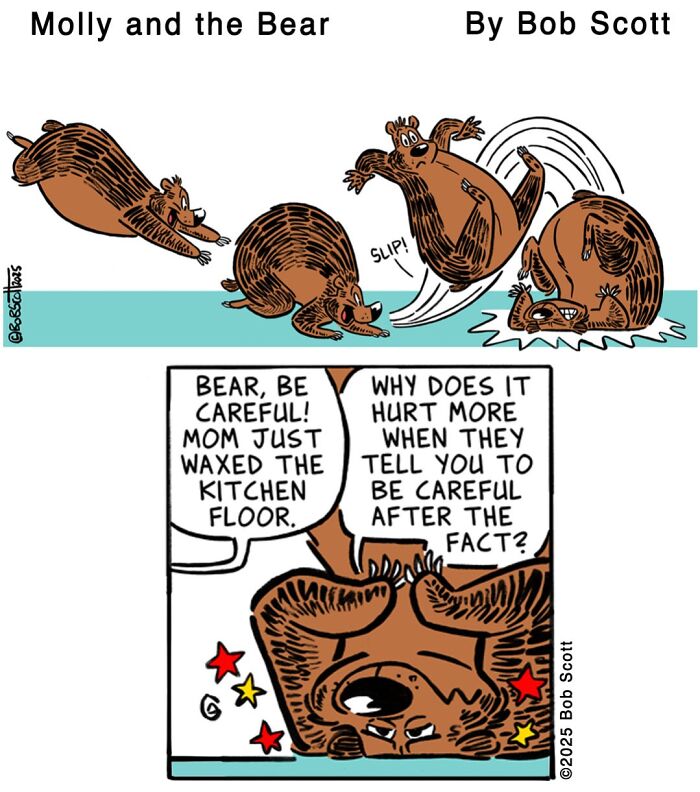 A lovable bear slips on a waxed kitchen floor, falling comically. A funny comic featuring a bear and family.