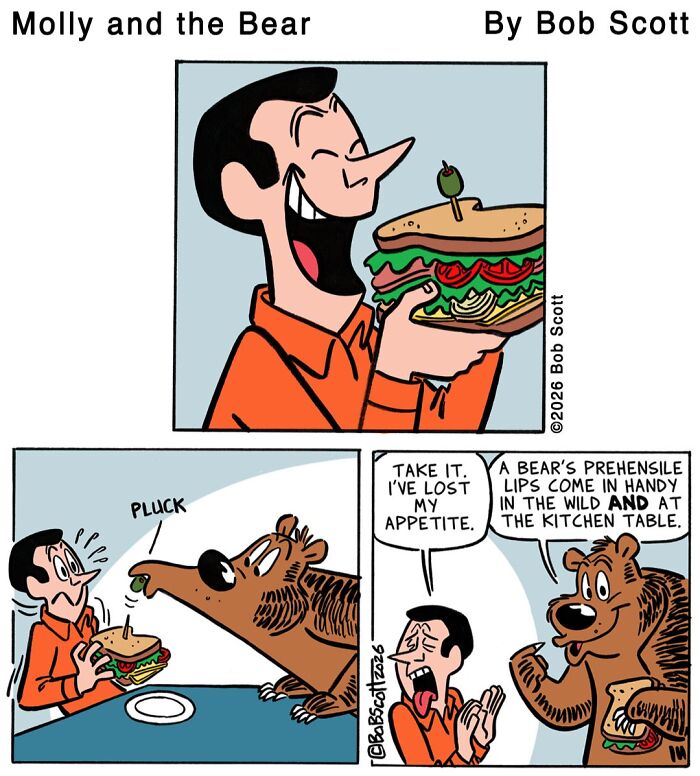 A comic of a man and a lovable bear. The bear is afraid of a sandwich, but then eats it.