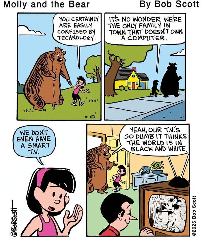 A comic showing a family living with a lovable bear, who is easily confused by technology.