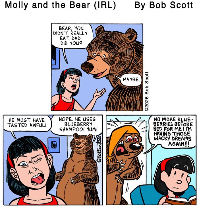 A comic depicting a lovable bear and a girl. The bear is afraid of blueberry shampoo and having wacky dreams.