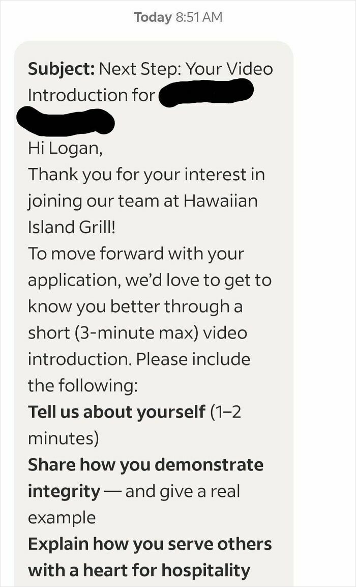 A screenshot of an email asking for a 3-minute video introduction for a job application at Hawaiian Island Grill, a common recruiting hell practice.