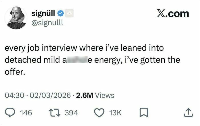 A tweet about job interviews, highlighting a person's experience getting offers when demonstrating detached energy, reflecting recruiting hell frustrations.